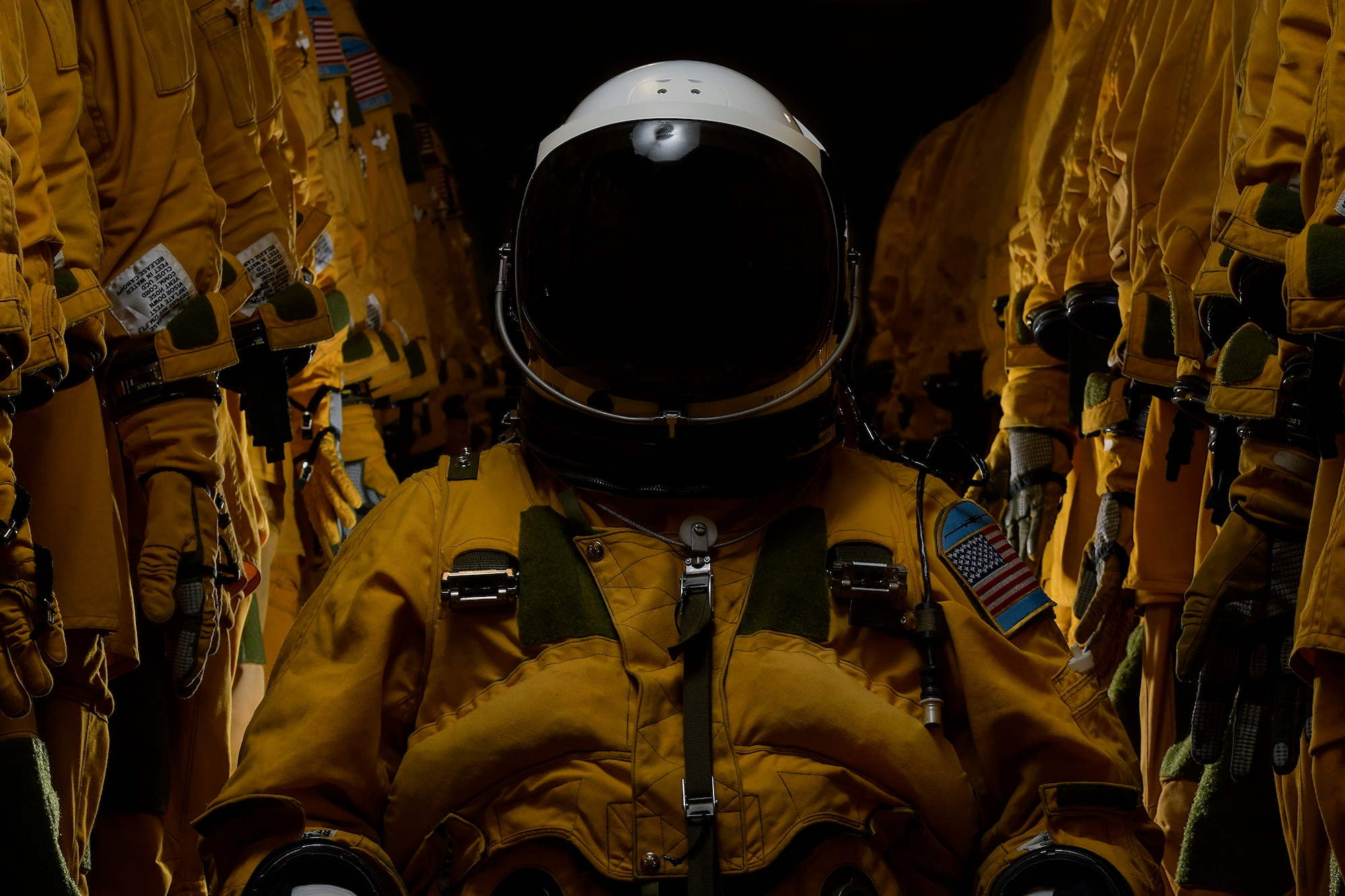 A U-2 Dragon Lady pilot poses for a portrait inside a pressure suit