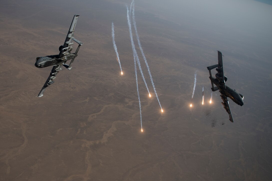 A-10 Thunderbolt II aircraft conduct a combat air patrol mission
