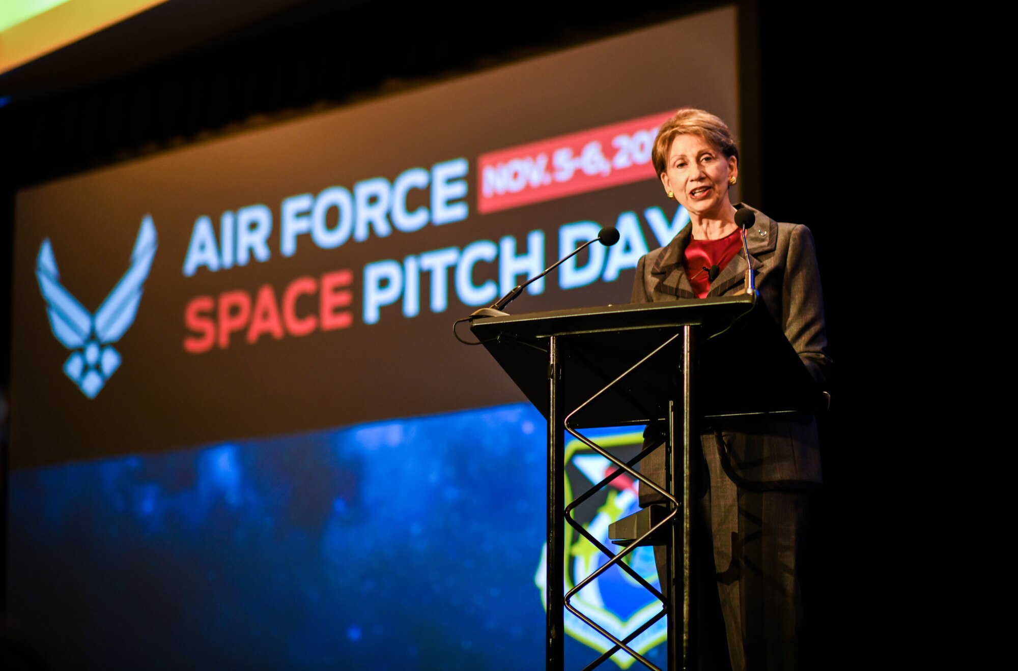 Secretary of the Air Force Barbara M. Barrett speaks at Air Force Space Pitch Day