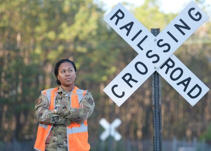 Staff Sgt. Gelisa Inniss, 628th Logistics Readiness Squadron NCO in charge of ground transportation operations center, Naval Weapons Station, poses for a photo Joint Base Charleston NWS in Goose Creek, S.C., Jan. 7, 2020. Innis was the first female active duty Airman to complete the Brakeman Switchman Course at Joint Base Langley-Eustis, Virginia. (U.S. Air Force photo by Senior Airman Joshua R. Maund)