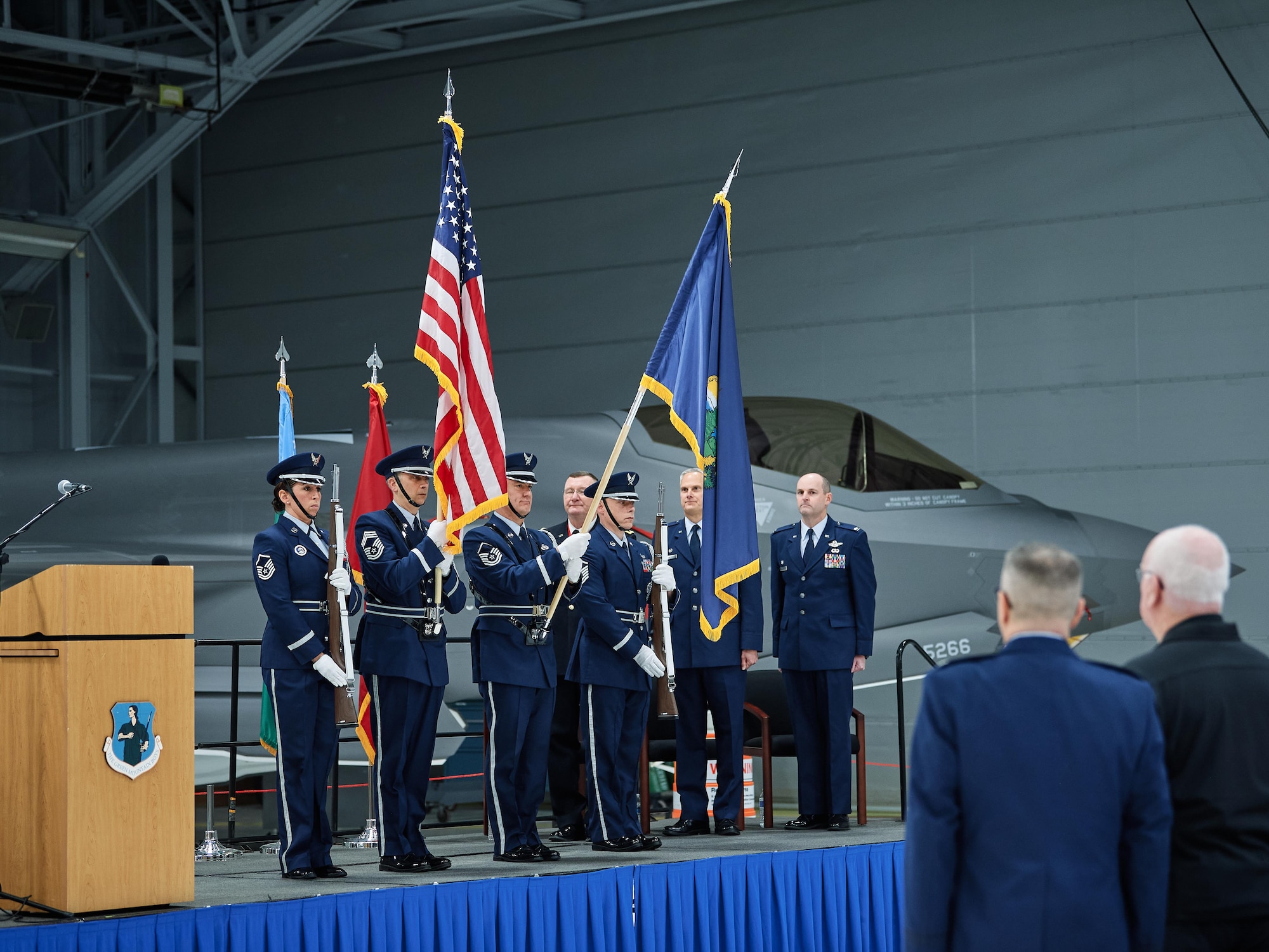 The colors are presented by the Base Honor Guard at the start of a change of command ceremony for the 158th Fighter Wing
