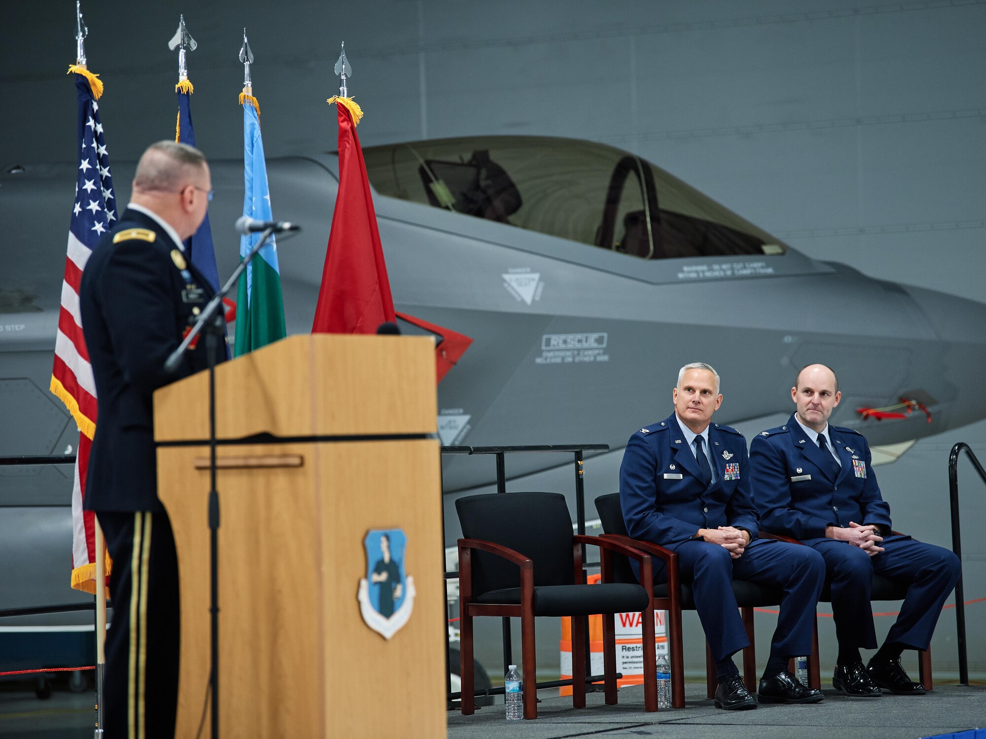 Army Brig. Gen. Greg Knight, the adjutant general of the Vermont National Guard, thanks Col. David Smith for his leadership of the wing
