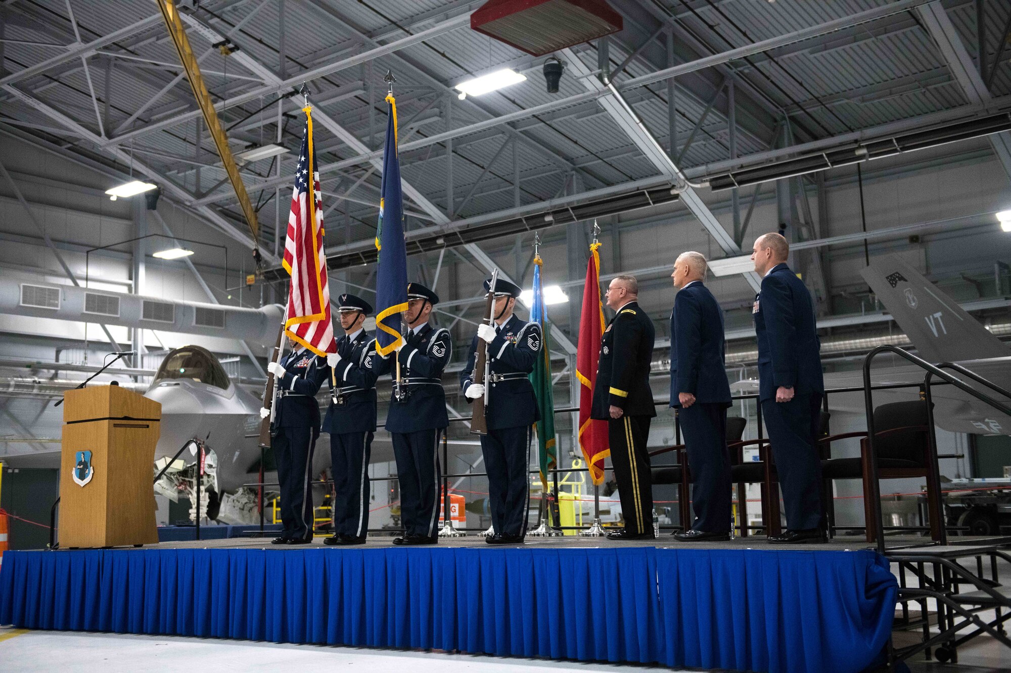 The colors are presented by the Base Honor Guard at the start of a change of command ceremony for the 158th Fighter Wing.