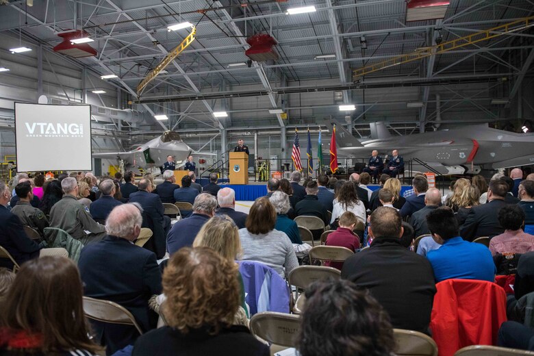 Army Brig. Gen. Greg Knight, the adjutant general of the Vermont National Guard, addresses an audience of 158th Fighter Wing members, friends, family and media personnel during a change of command ceremony