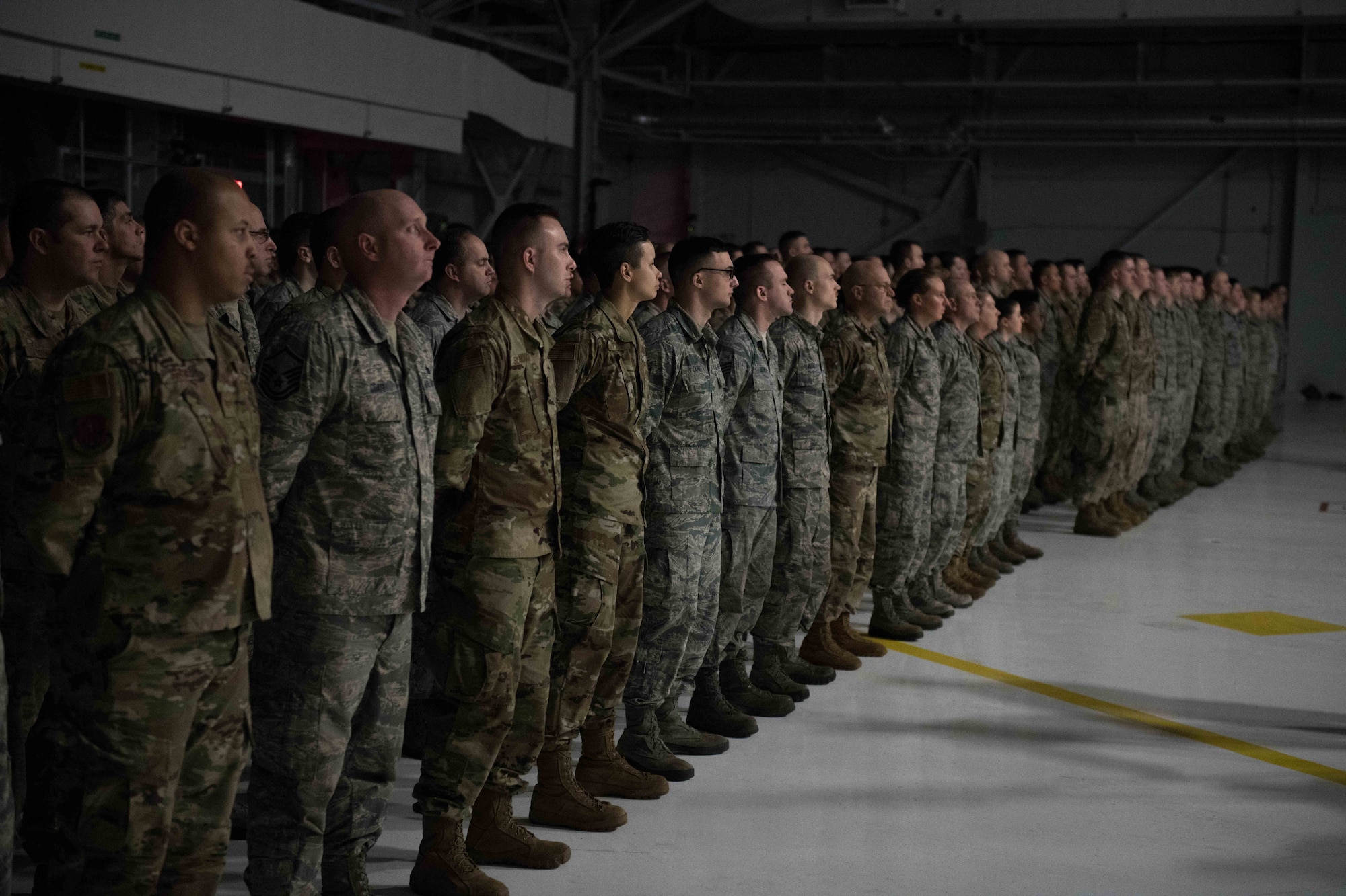 Airmen assigned to the 158th Fighter Wing gather at a change of command ceremony for the 158th Fighter Wing
