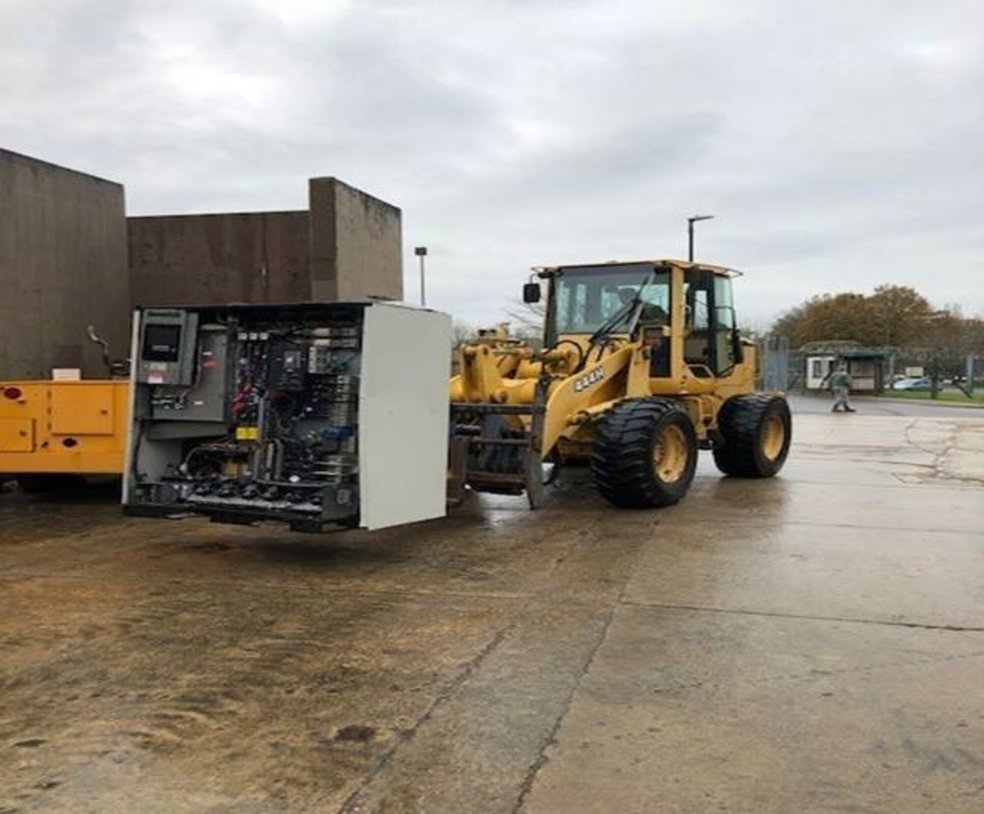 A forklift removes a B31 Uninterruptable Power System, Nov.14, 2019, at RAF Croughton, England. The B31 UPS helps power the 422nd CS technical control facility that serves as one of the main hubs of communication across 5 MAJCOMS. (Courtesy Photo)