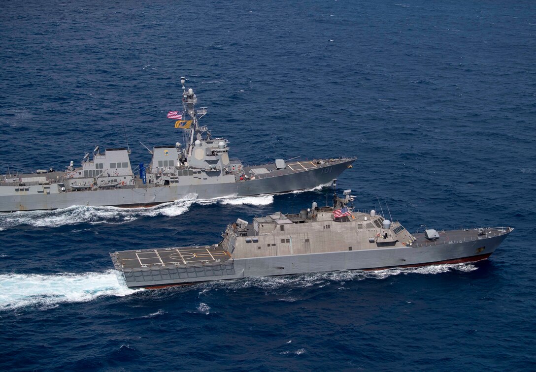 USS Detroit (LCS 7) and USS Gridley (DDG 101) perform division tactics.