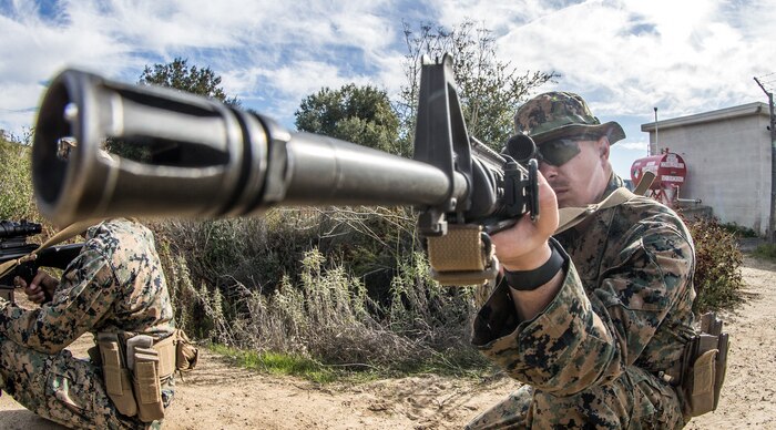 A U.S. Marine sights in on a barrel at the 1st Maint. Bn. Marksmanship Trainer Unit on Marine Corps Base Camp Pendleton, California, Jan. 7.