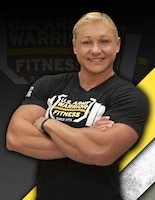 Blond female in black tshirt with arms crossed against a black, yellow and white background.