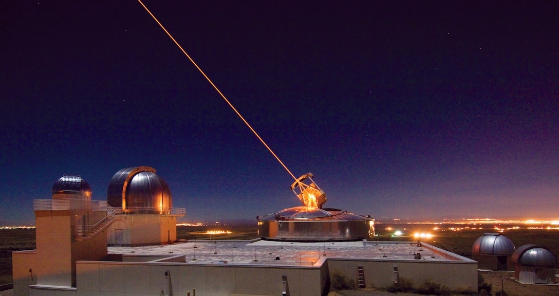 The Sodium Guidestar at the Air Force Research Laboratory Directed Energy Directorate's Starfire Optical Range. Researchers with AFRL use the Guidestar laser for real-time, high-fidelity tracking and imaging of satellites too faint for conventional adaptive optical imaging systems. The SOR's world-class adaptive optics telescope is the second largest telescope in the Department of Defense.