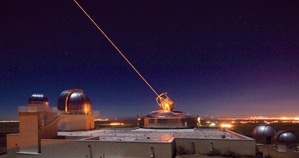The Sodium Guidestar at the Air Force Research Laboratory Directed Energy Directorate's Starfire Optical Range. Researchers with AFRL use the Guidestar laser for real-time, high-fidelity tracking and imaging of satellites too faint for conventional adaptive optical imaging systems. The SOR's world-class adaptive optics telescope is the second largest telescope in the Department of Defense. (Courtesy photo)