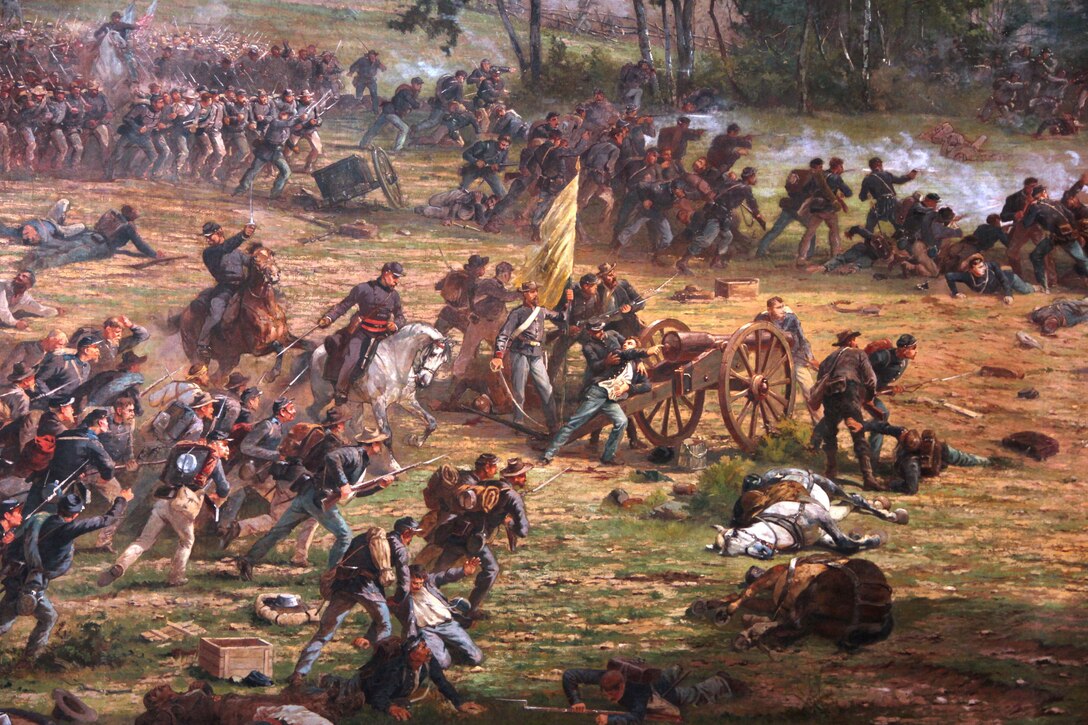 A painting depicts hundreds of Civil War soldiers fighting on a battlefield.