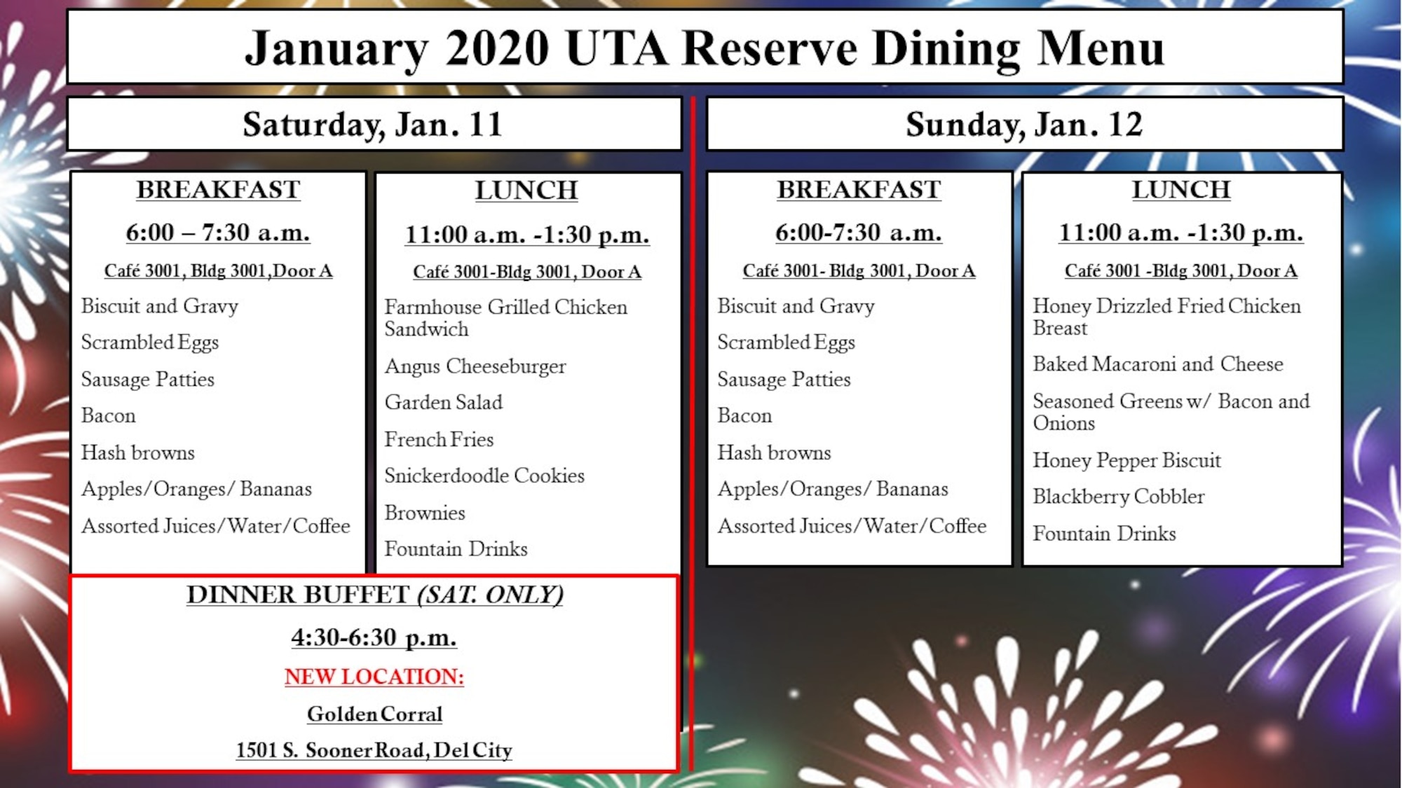 Reserve dining menu for January 2020 UTA