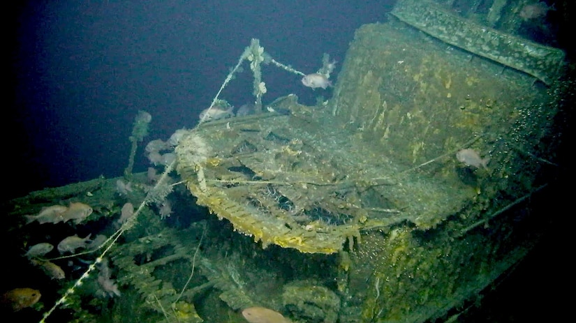 The hull of a ship that has been underwater for decades shows algae  and decay.