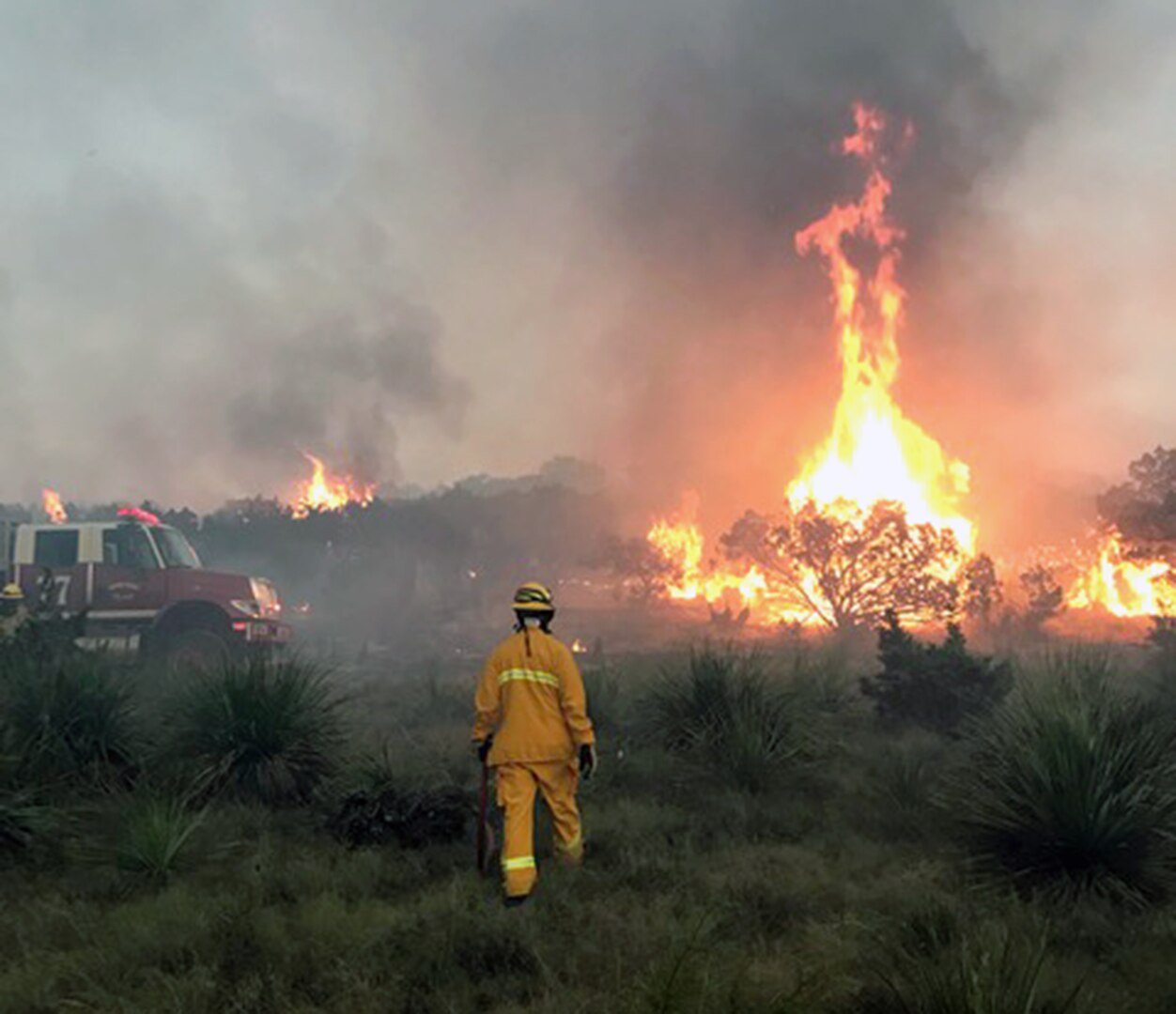 A firefighter from Joint Base San Antonio assesses fire movement and terrain at JBSA-Camp Bullis Aug. 19, 2019.