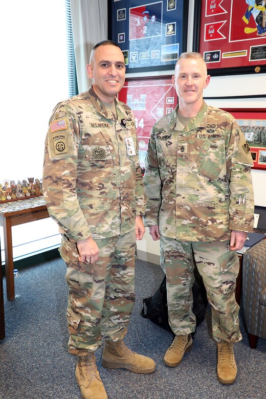 USACE Command Sergeant Major Bradley Houston (right) visits with Transatlantic Division Command Sergeant Major Randolph Delapena at TAD's Headquarters in Winchester, Va., Jan. 7, 2020.