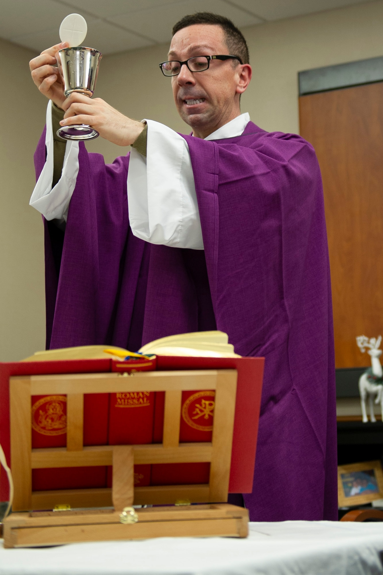 Chaplain (Capt.) Pedro Jimenez Barros, born in Spain, conducts religious service on the unit training assembly weekend Dec. 7, 2019 here at Joint Base Lewis-McChord.