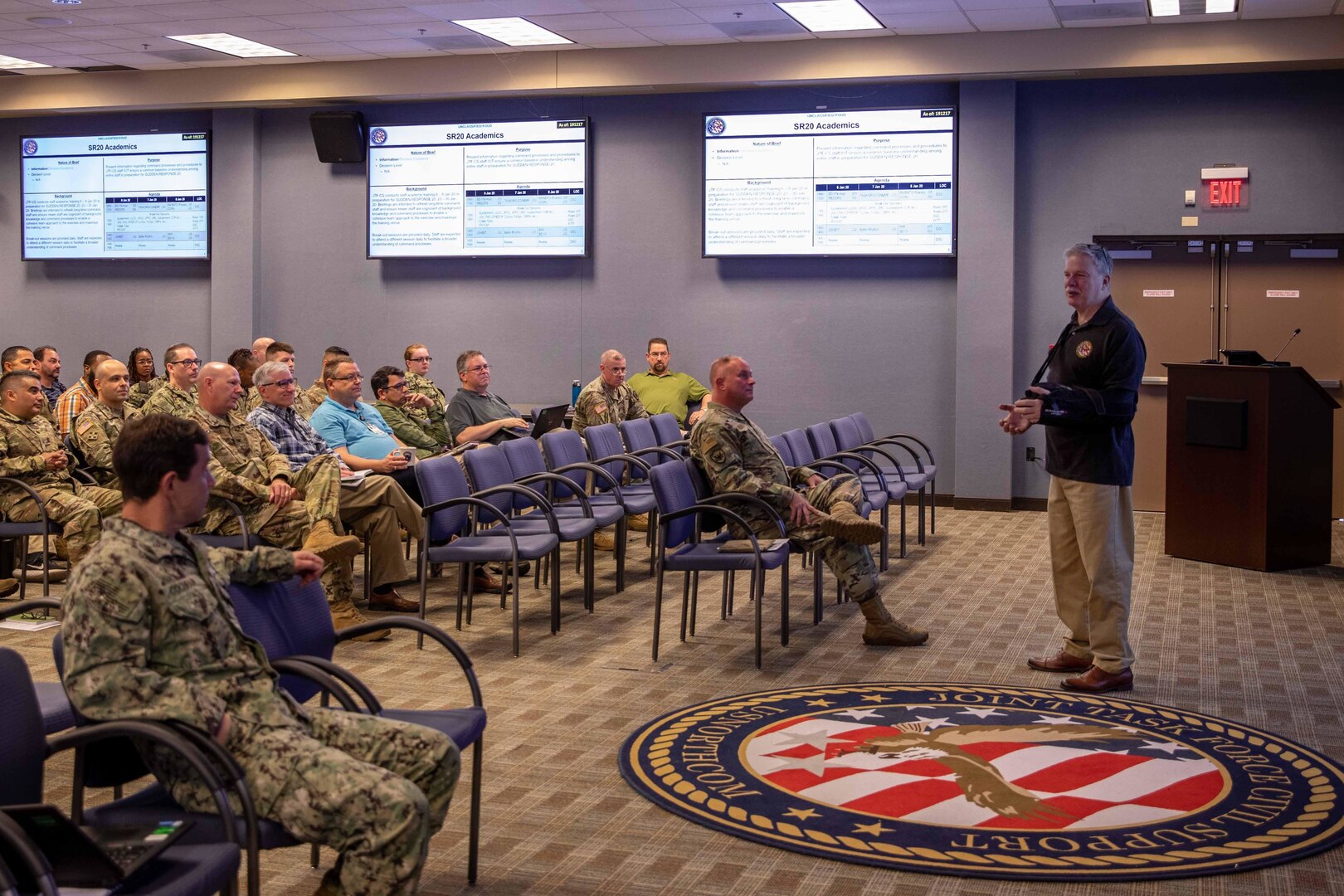 Joint Task Force Civil Support (JTF-CS) Deputy to the Commander Casey Collins provides opening remarks during the command’s Exercise Sudden Response 2020 (SR20) staff academics conference, held at the command’s headquarters, Jan. 6-8. During the event, JTF-CS and Defense Chemical, Biological, Radiological and Nuclear Response Force personnel focused on major movements and friction points that would be encountered during the deployment and operation phases of SR20. (Official DoD photo by Mass Communication Specialist 3rd Class Michael Redd/RELEASED)
