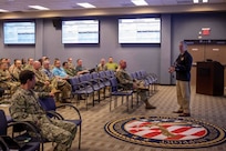 Joint Task Force Civil Support (JTF-CS) Deputy to the Commander Casey Collins provides opening remarks during the command’s Exercise Sudden Response 2020 (SR20) staff academics conference, held at the command’s headquarters, Jan. 6-8. During the event, JTF-CS and Defense Chemical, Biological, Radiological and Nuclear Response Force personnel focused on major movements and friction points that would be encountered during the deployment and operation phases of SR20. (Official DoD photo by Mass Communication Specialist 3rd Class Michael Redd/RELEASED)