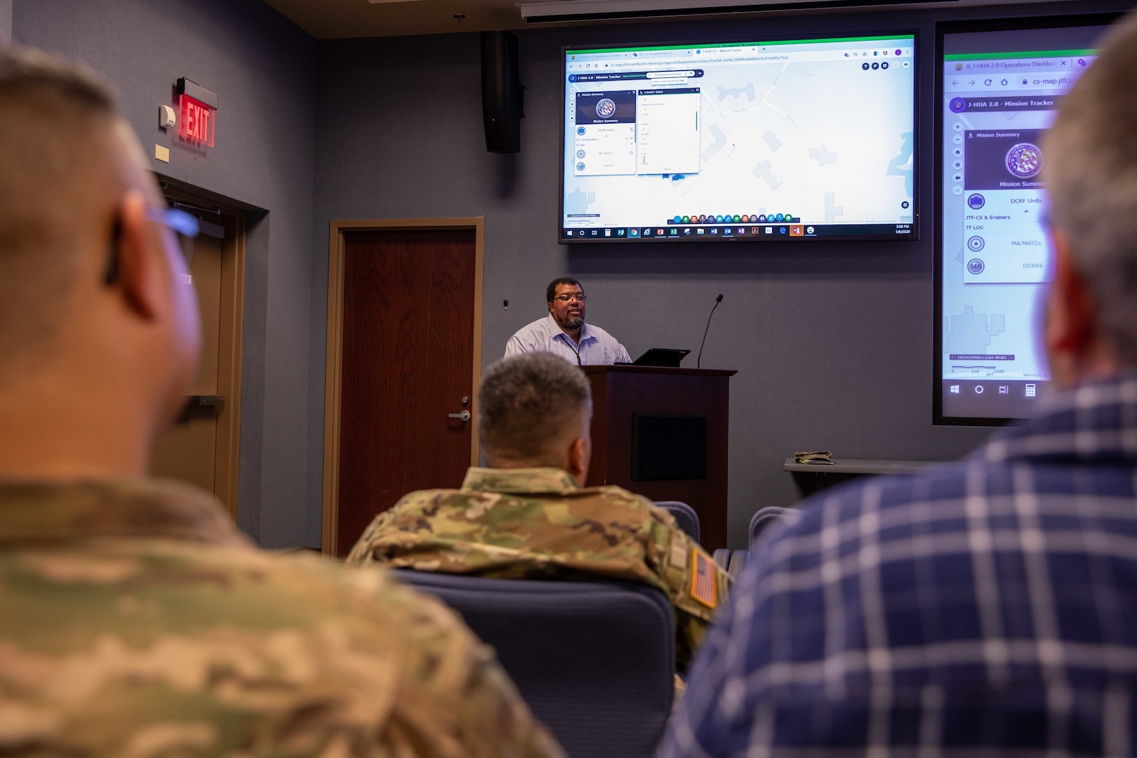Harold Richardson, Joint Task Force Civil Support (JTF-CS) geographic information system coordinator, briefs JTF-CS and Defense Chemical, Biological, Radiological and Nuclear (CBRN) Response Force (DCRF) personnel during the command’s Exercise Sudden Response 2020 (SR20) staff academics conference, held at the command’s headquarters, Jan. 6-8. During the event, JTF-CS and DCRF personnel focused on major movements and friction points that would be encountered during the deployment and operation phases of SR20. (Official DoD photo by Mass Communication Specialist 3rd Class Michael Redd/RELEASED)