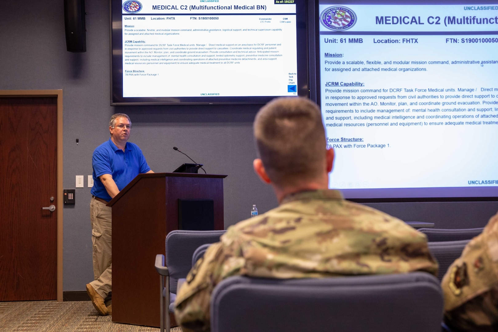 Kenneth Trate, Joint Task Force Civil Support (JTF-CS) current operations specialist, briefs JTF-CS and Defense Chemical, Biological, Radiological and Nuclear (CBRN) Response Force (DCRF) personnel during the command’s Exercise Sudden Response 2020 (SR20) staff academics conference, held at the command’s headquarters, Jan. 6-8. During the event, JTF-CS and DCRF personnel focused on major movements and friction points that would be encountered during the deployment and operation phases of SR20. (Official DoD photo by Mass Communication Specialist 3rd Class Michael Redd/RELEASED)