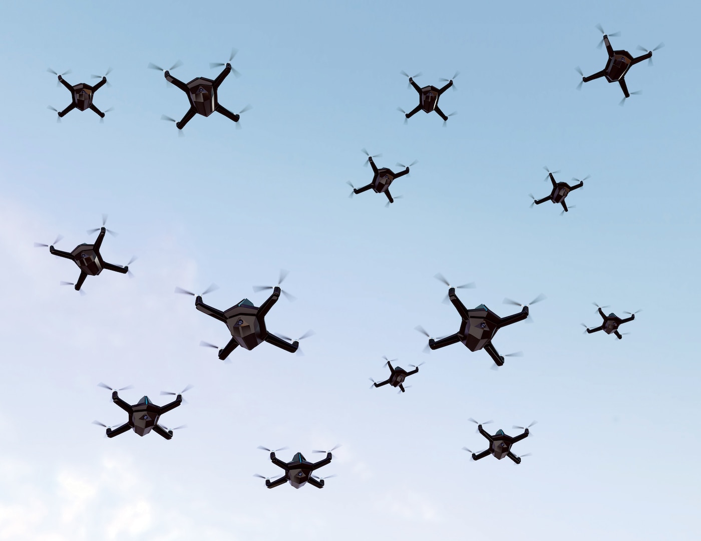 Swarm of security drones with surveillance camera flying in the sky. 3D rendering image.