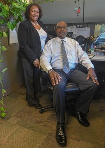 Marilyn Cunningham and her husband, Tony Williams, Air Education and Training Command Directorate of Logistics, Engineering and Force Protection acquisition program managers, pose for a photo in Williams’ workspace Dec. 23, 2019, at Joint Base San Antonio-Randolph, Texas. At 2 p.m. Jan. 31 at Joint Base San Antonio-Randolph’s Kendrick Club, Cunningham and Williams will be honored at a ceremony marking their second retirement – this time from civil service after long, rewarding military careers.