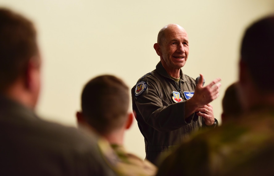 General Mike Holmes speaks to a crowd at Creech Air Force Base.