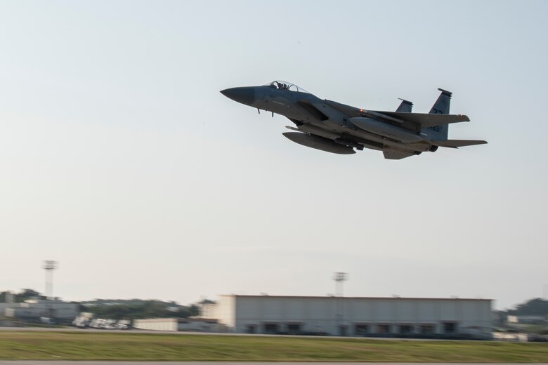 A U.S. Air Force F-15C Eagle from the 44th Fighter Squadron takes off during Exercise WestPac Rumrunner Jan. 10, 2020, at Kadena Air Base, Japan. Westpac Rumrunner represents an evolution of 18th Wing assets and capability to work with joint partners in defense of American allies and to ensure a free and open Indo-Pacific. (U.S. Air Force photo by Airman 1st Class Mandy Foster)