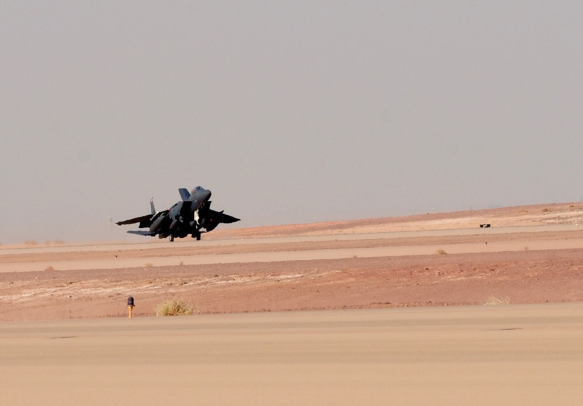 A U.S. Air Force F-15E Strike Eagle assigned to the 494th Expeditionary Fighter Squadron lands at Prince Sultan Air Base, Kingdom of Saudi Arabia, Jan. 4, 2020.