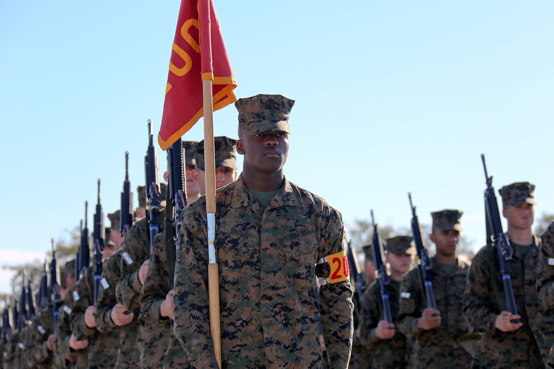 A group of Marines stand in lines as they practice doing drills.