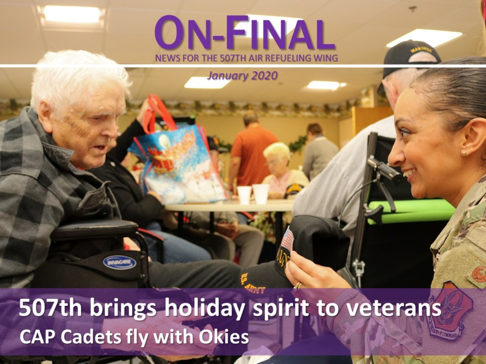 Members of the 507th Air Refueling Wing visited with veterans at the Norman Veteran's Center in Norman, Oklahoma, Dec. 20, 2019. (U.S. Air Force graphic by Senior Airman Mary Begy)