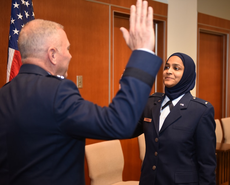 Chaplain candidate Saleha Jabeen was commissioned as a second lieutenant in Chicago at the Catholic Theological Union by the Air Force chief of chaplains, Dec. 18, becoming the first female Muslim chaplain in the Department of the Defense.