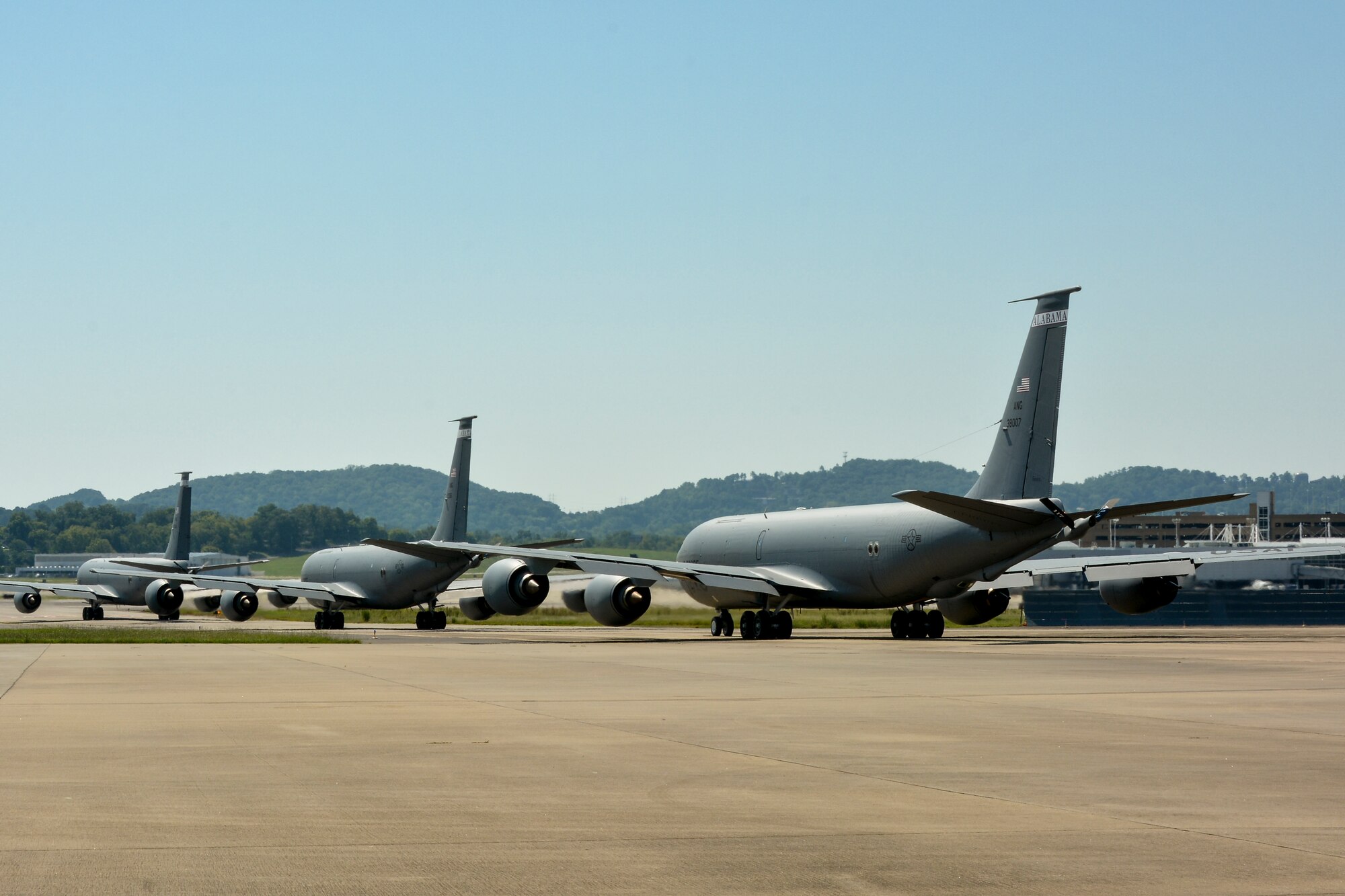 KC-135R Stratotankers taxi during a historic 8 ship launch.