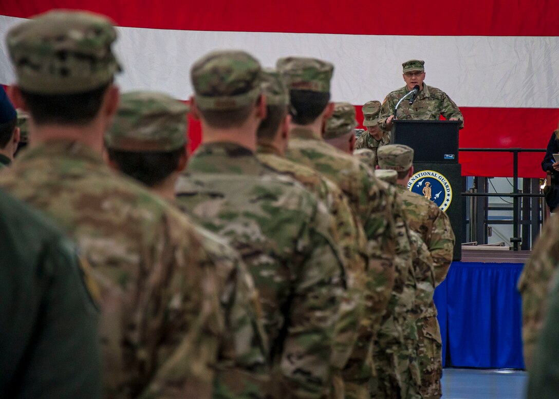 Maj. Gen. Francis Evon, The Adjutant General of the Connecticut National Guard, addresses Airmen assigned to the 103rd Airlift Wing during a Freedom Salute Ceremony at Bradley Air National Guard Base, East Granby, Conn. Jan. 4, 2020. During their four-month deployment, the 103rd Operations and Maintenance Groups were responsible for over 1,900 missions critical to military operations in their respective areas of operation. (Photo by Tim Koster, Connecticut National Guard Joint Force Headquarters Public Affairs)