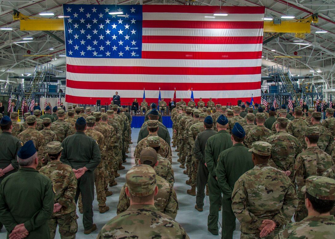 United States Senator Richard Blumenthal addresses Airmen assigned to the 103rd Airlift Wing’s Operations and Maintenance Groups during a Freedom Salute Ceremony at Bradley Air National Guard Base, East Granby, Conn. Jan. 4, 2020. The ceremony served as the official welcoming home for members of the 103rd who recently completed a four-month deployment to Southwest Asia in support of Operations Freedom's Sentinel and Inherent Resolve. (Photo by Tim Koster, Connecticut National Guard Joint Force Headquarters Public Affairs)