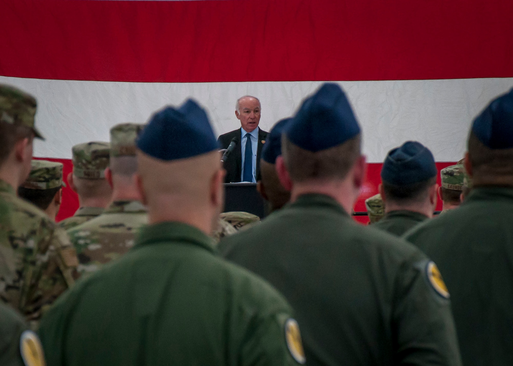 United States Representative from the Second Congressional District, Joe Courtney, addresses Airmen assigned to the 103rd Airlift Wing’s Operations and Maintenance Groups during a Freedom Salute Ceremony at Bradley Air National Guard Base, East Granby, Conn. Jan. 4, 2020. The ceremony served as the official welcoming home for members of the 103rd who recently completed a four-month deployment to the Middle East in support of Operations Freedom's Sentinel and Inherent Resolve. (Photo by Tim Koster, Connecticut National Guard Joint Force Headquarters Public Affairs)