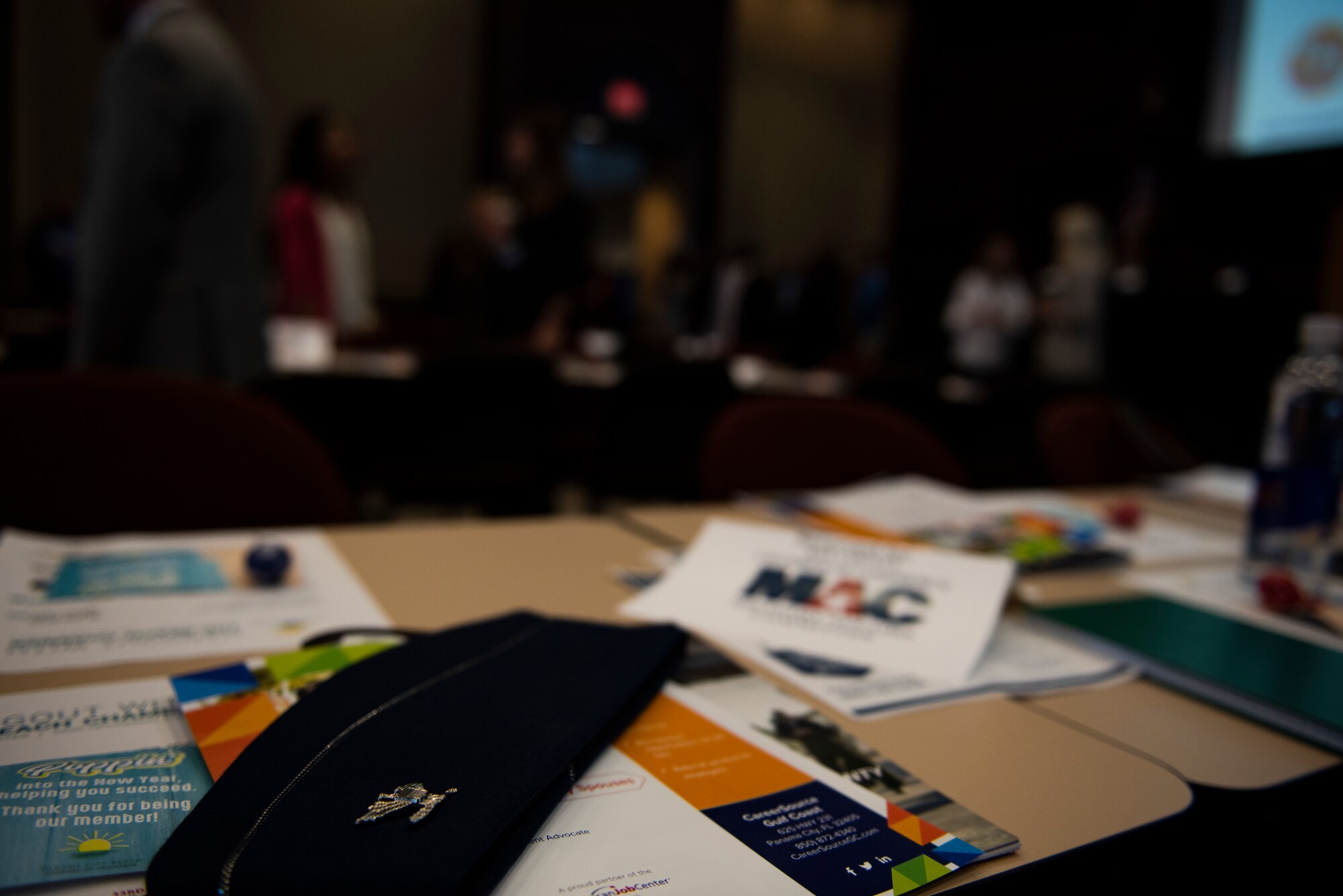 Pictured is the flight cap of U.S. Air Force Col. Travis Leighton, Tyndall Program Management Office director, at the Bay County Chamber of Commerce monthly First Friday meeting at Panama City, Florida, Jan. 10, 2020. Leighton attended the event along with U.S. Air Force Col. Brian Laidlaw, 325th Fighter Wing commander at Tyndall Air Force Base, and U.S. Navy Cmdr. Kevin Christenson, Naval Support Activity Panama City commanding officer, as representatives of military communities in the local area. (U.S. photo by Staff Sgt. Magen M. Reeves)