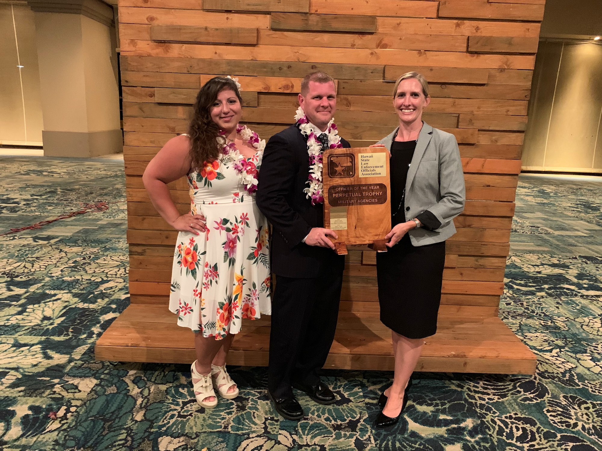 SA Joel Cook accepts the Hawaii State Law Enforcement Officials Association 2019 Military Officer of the Year award while on Maui, Hawaii, Sept. 20, 2019. Cook works on Joint Base Pearl Harbor-Hickam as a Special Agent for the Air Force Office of Special Investigations. (U.S. Air Force photo by Airman 1st Class Erin Baxter)