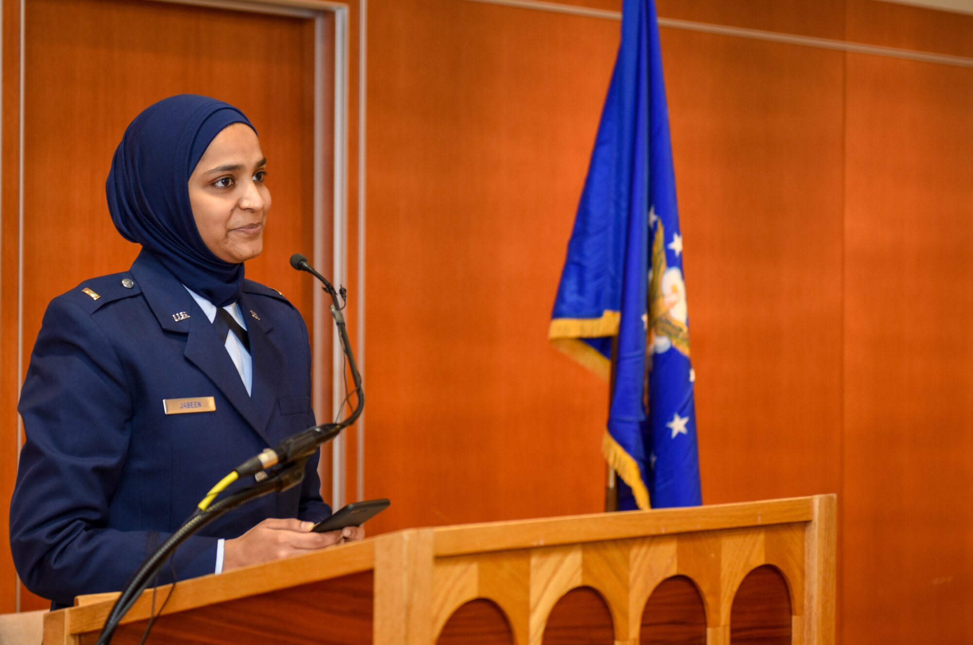 Chaplain candidate Saleha Jabeen was commissioned as a second lieutenant in Chicago at the Catholic Theological Union by the Air Force chief of chaplains, Dec. 18, becoming the first female Muslim chaplain in the Department of the Defense.