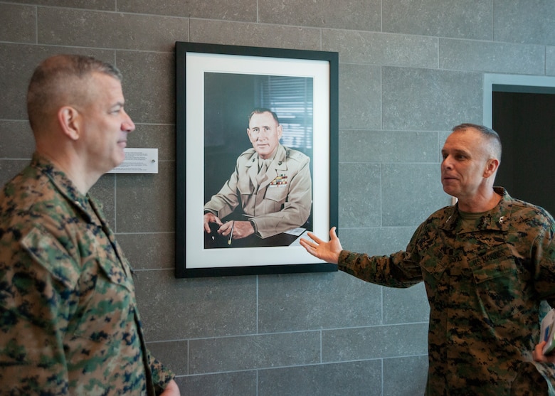 Maj. Gen. William F. Mullen, the Commanding General of Training and Education Command, visits Marine Corps Forces Cyberspace Command Marines at Lasswell Hall, Fort Meade, Maryland, Jan. 10, 2019.