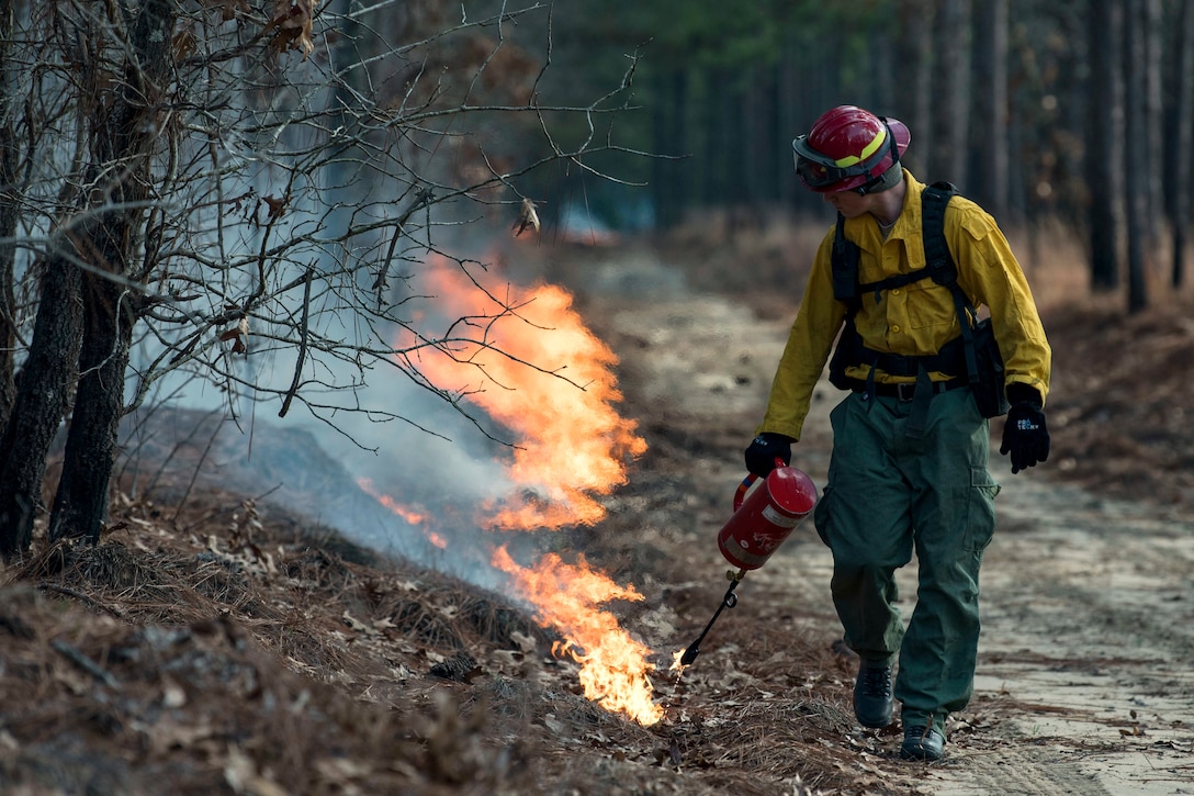 An Air Force firefighter walks through a wooded area setting a path ablaze with a handheld device.