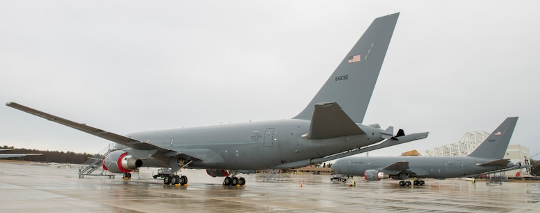Two 157th Air Refueling Wing KC-46A Pegasus aerial refueling tankers juxtaposed on the tarmac at Pease Air National Guard Base, N.H., Jan. 12. The aircraft arrived on Jan. 10. The delivery brings Pease’s inventory to four jets; eight more are slated for delivery before the end of the year. (U.S. Air National Guard photo by Staff Sgt. Curtis Lenz)