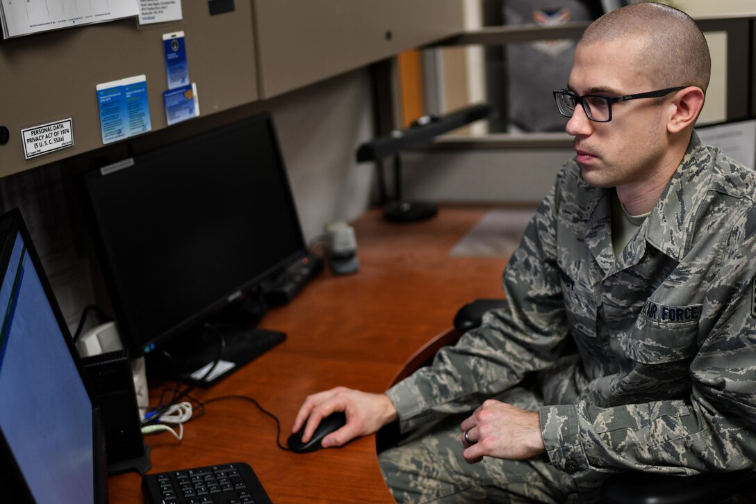 Staff Sgt. John Priddy, a knowledge management operations technician assigned to the 910th Communications Squadron, works on a forum to upload onto the 910th Airlift Wing’s SharePoint, Jan. 11, 2019, at Youngstown Air Reserve Station.