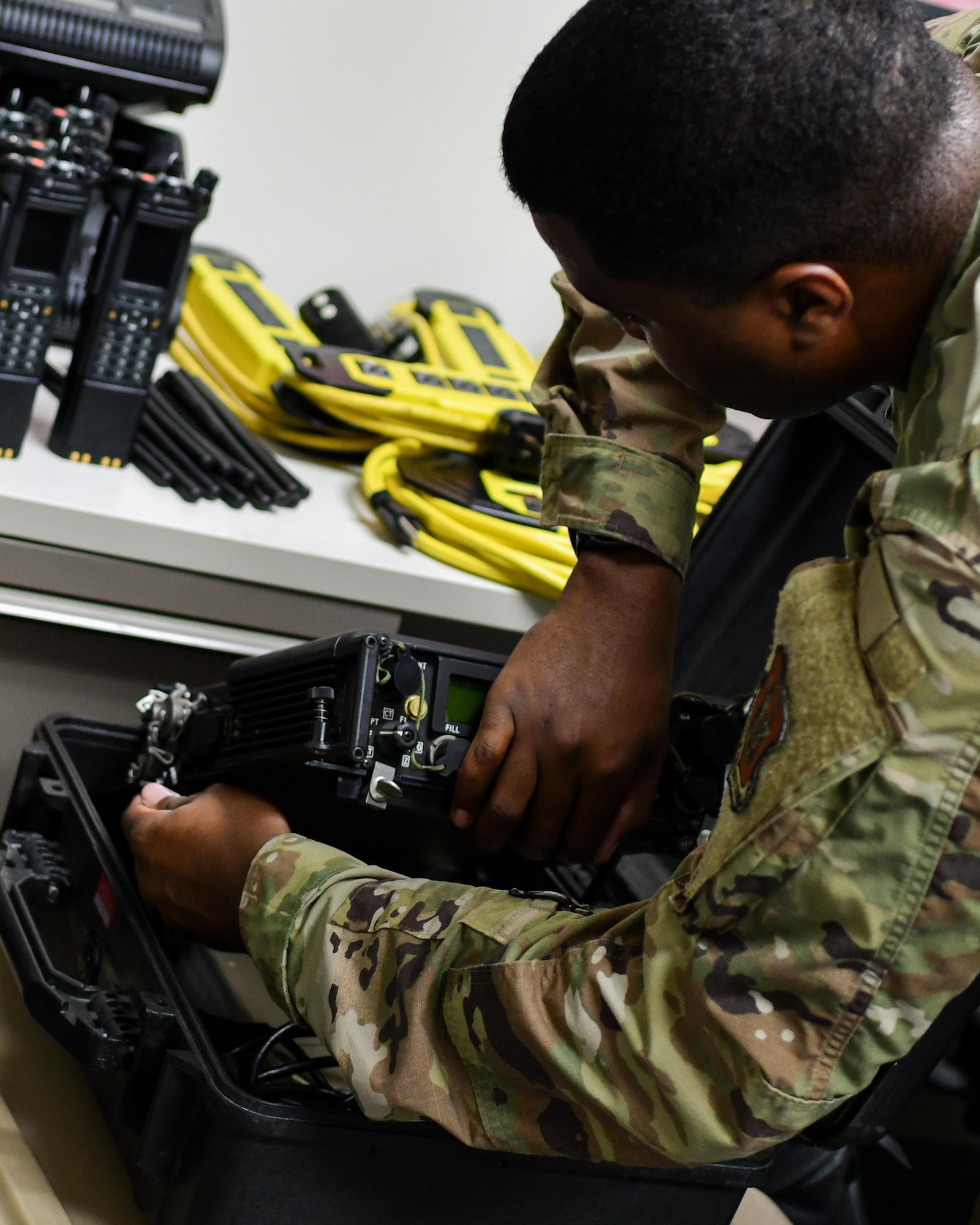 Staff Sgt. Malik Flowers, a radio frequency transmission systems technician assigned to the 910th Communications Squadron, packs radio equipment for an upcoming mission to Jacksonville Florida, Jan. 11, 2019, at Youngstown Air Reserve Station.