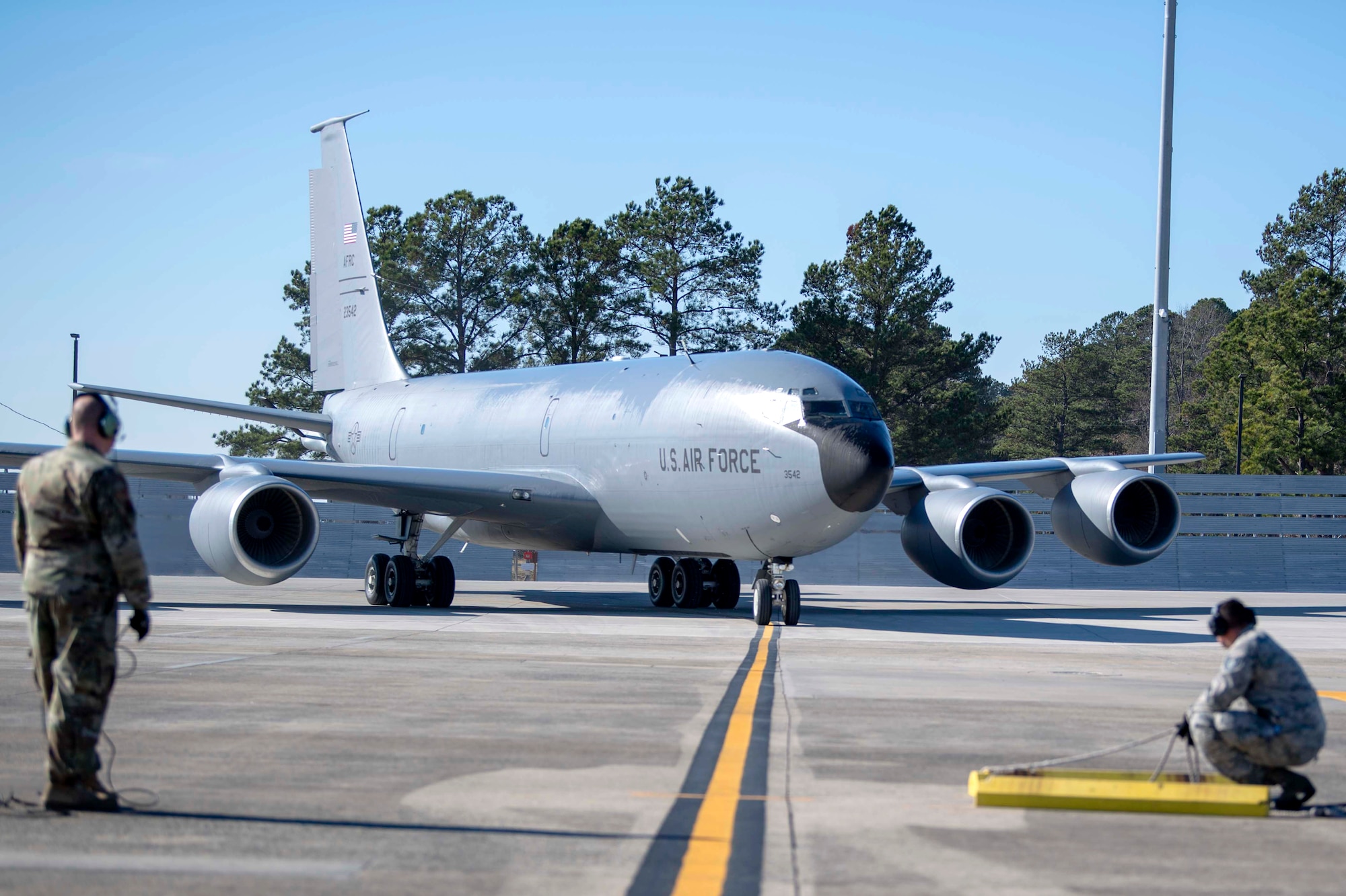 A KC-135 Stratotanker taxis on the flightline on Seymour Johnson Air Force Base, North Carolina, Dec. 16, 2019. The 911th Air Refueling Squadron completed their final mission on a KC-135. (U.S. Air Force photo by Staff Sgt. Mary McKnight)