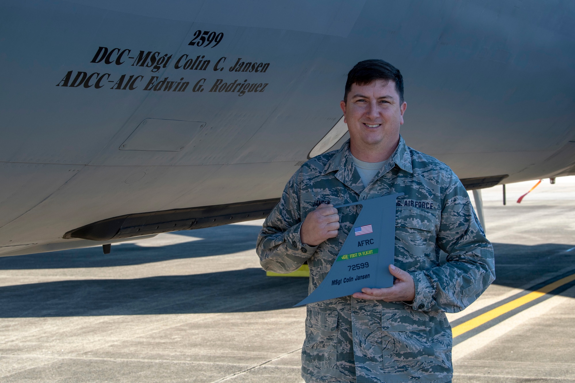U.S. Air Force Master Sgt. Colin C. Jansen, 916th Aircraft Maintenance Squadron dedicated crew chief, poses for a photo on Seymour Johnson Air Force Base, North Carolina, Jan. 8, 2020. Jansen has been working on aircraft 2599 for 7 out of the 10 years he’s been working with KC-135s. (U.S. Air Force photo by Staff Sgt. Mary McKnight)