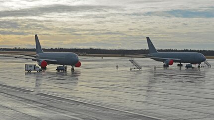 Two 157th Air Refueling Wing KC-46A Pegasus aerial refueling tankers juxtaposed on the tarmac at Pease Air National Guard Base, N.H., Jan. 12. The aircraft arrived on Jan. 10. The delivery brings Pease’s inventory to four jets; eight more are slated for delivery before the end of the year. (U.S. Air National Guard photo by Staff Sgt. Curtis Lenz)