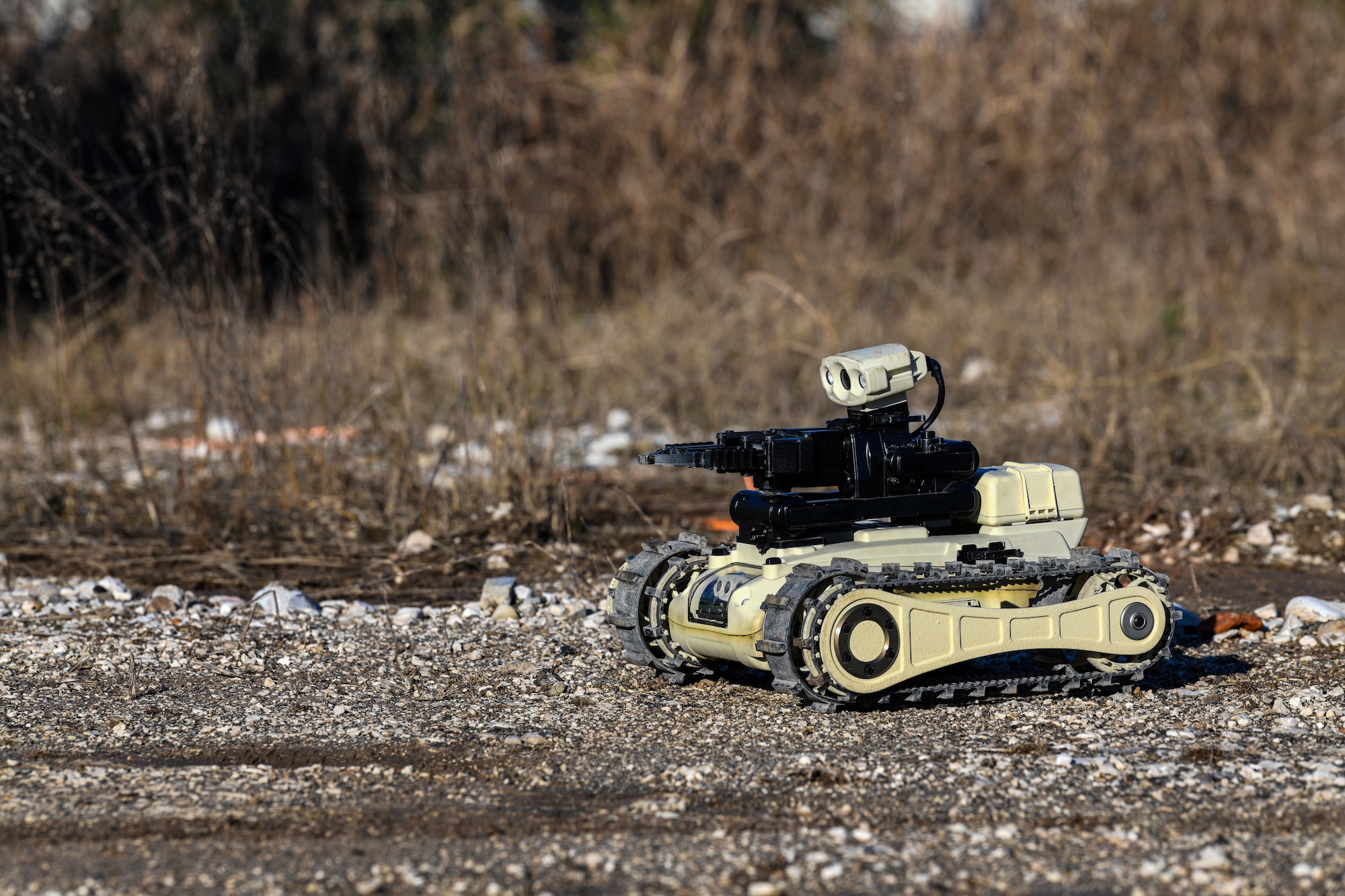 A Micro Tactical Ground Robot is used during a training exercise at Aviano Air Base, Italy, Jan. 8, 2020. The MTGR is a lightweight, tactical vehicle with high maneuverability that can be used in all terrains and both indoors and outdoors. It is also a handheld system that can be carried by an individual soldier. (U.S. Air Force photo by Airman 1st Class Ericka A. Woolever).