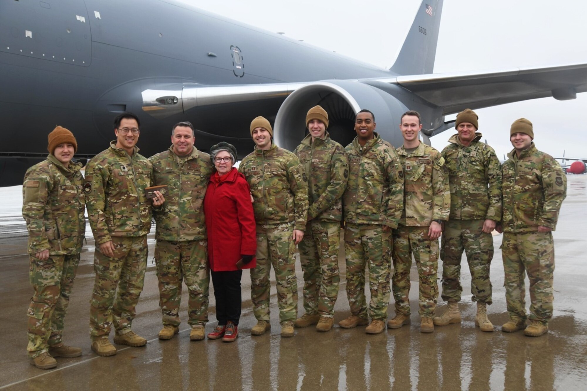 Lt. Gen Thomas Sharpy, Headquarters Allied Command Transformation Capability Development deputy chief of staff, poses alongside the aircrew that delivered McConnell’s 21st KC-46 Pegasus, Jan. 10 2020, at McConnell Air Force Base, Kan. McConnell is slated to have a fleet of 36 KC-46’s that will lead the next generation of air refueling. (U.S. Air Force photo by Airman 1st Class Nilsa E. Garcia)